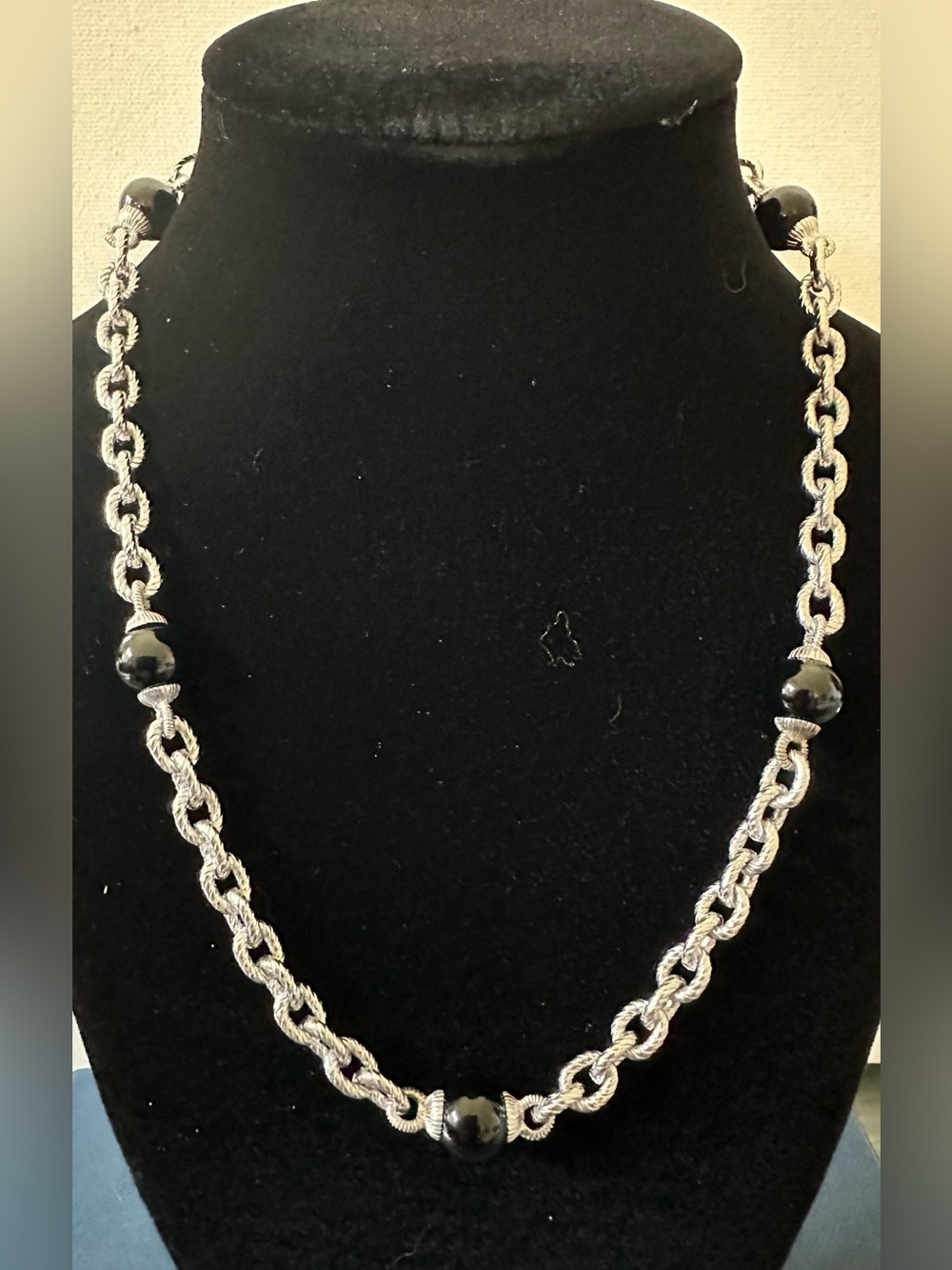 Judith Ripka 925 Sterling Silver Heavy 47.1g Black Onyx Station Necklace 16”